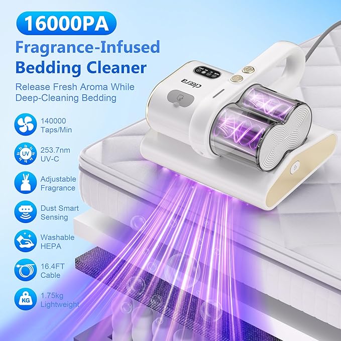 Mattress Vacuum Cleaner, 16KPa Suction, 14000RPM Tapping, 253.7nm UV-C Dual Optical Sensors, 400W Bed & Couch Vacuum, Dual Brushroll, Smart Dust Sensor, HEPA Filtration for Sofa Crib Carpet