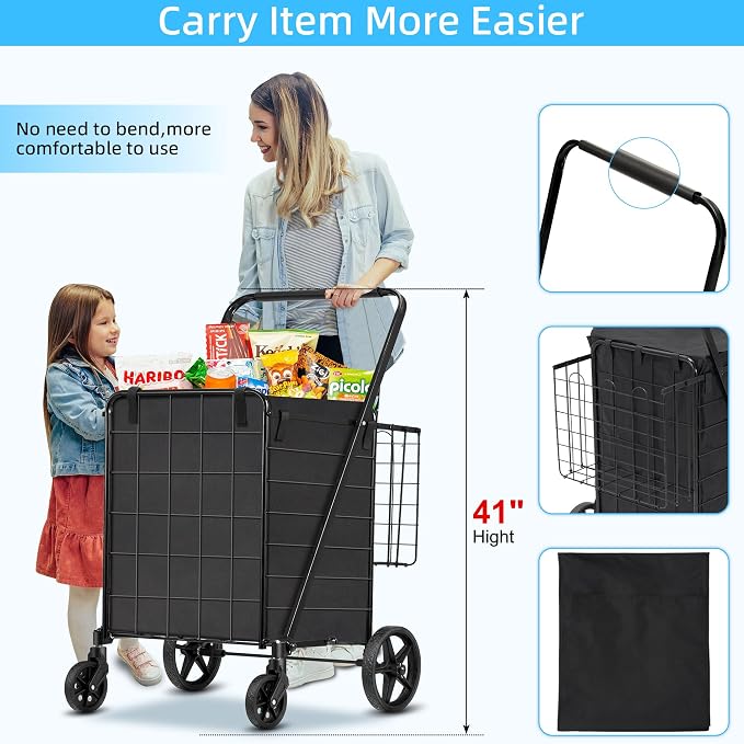 HABUTWAY Grocery Cart on Wheels with Removable Liner, Folding Shopping Cart,Heavy Duty Shopping Carts for Groceries,360° Rolling Laundry Cart,Lightweight Trolley for Seniors 220lb Capacity Black
