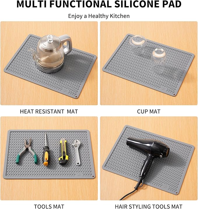 Silicone Drying Mat & Heat Resistant Mat for Kitchen Counter, Non-Slip Dishwasher Safe, Raised Edge for Dishes Bottles Sink (25.5x17.7in, Gery)