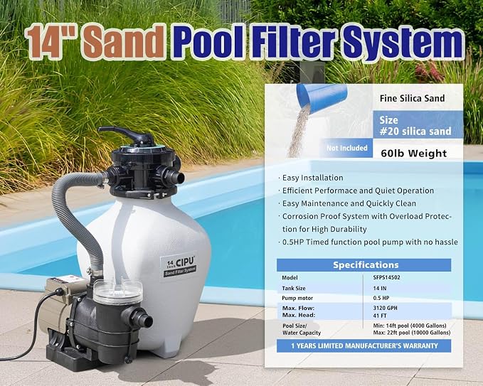 CIPU 14 inch Sand Filter Pump System Handy 6-Way Valve for Above Ground Pools with 0.5HP Prefilter Pool Pump with Timer 115V 25FT Inline GFCI Power Cord for Easy Installation