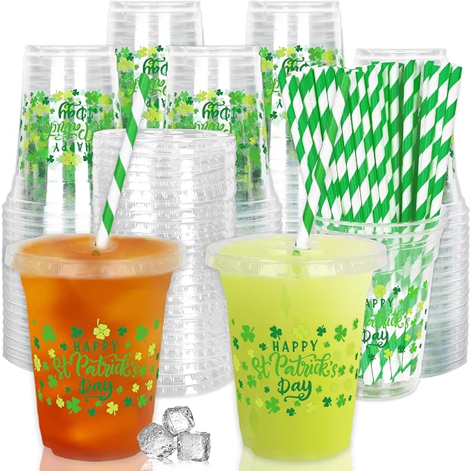 JarThenaAMCS 50Pcs St. Patrick's Day Plastic Cups with Lids and Straws 12oz Disposable Shamrock Drinking Cups Green Lucky Clover Cold Beverage Cups for Irish Holiday Beer Party Supplies