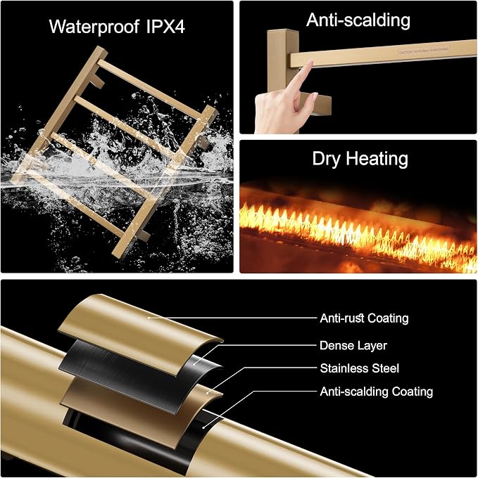 Electric Heated Towel Warmer - Wall Mounted Bathroom Towel Rack, Plug-in Design & Gold Brushed Stainless Steel Finish Gold with Timer & Temperature Control, 4 Bar