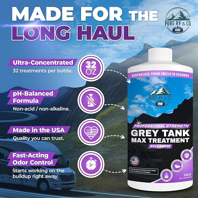 Grey Water Tank Treatment 32oz - RV Grey Tank Cleaner & Odor Eliminator | Enzyme Formula Breaks Down Grease, Soap & Food Waste | Septic Safe for Camper, Boat & Marine