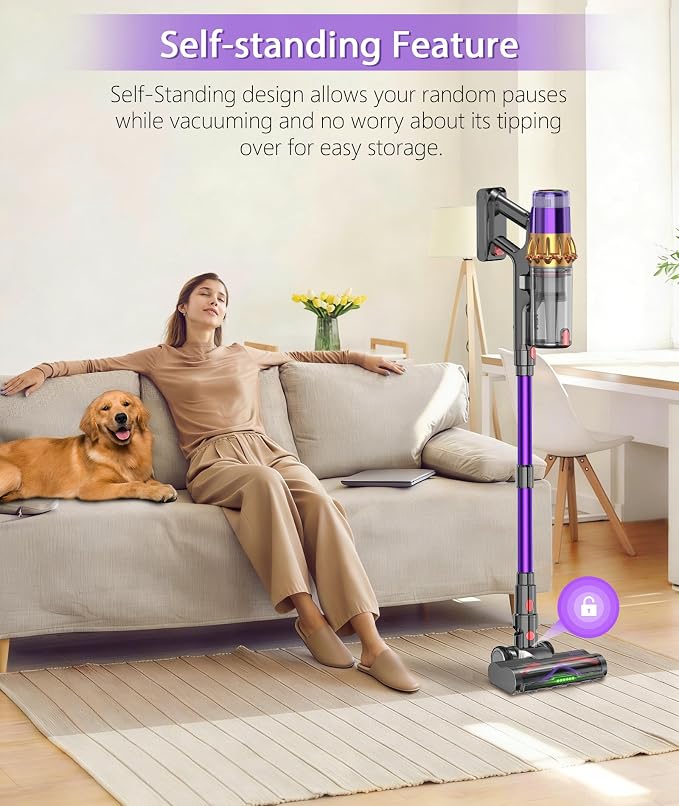 Cordless Vacuum Cleaner, 650W 55KPA 70Mins Anti-Tangle Wireless Vacuum,Rechargeable Vacuum with Green Light,Powerful Stick Vacuum for Home Carpet/Hardwood Floors,Purple