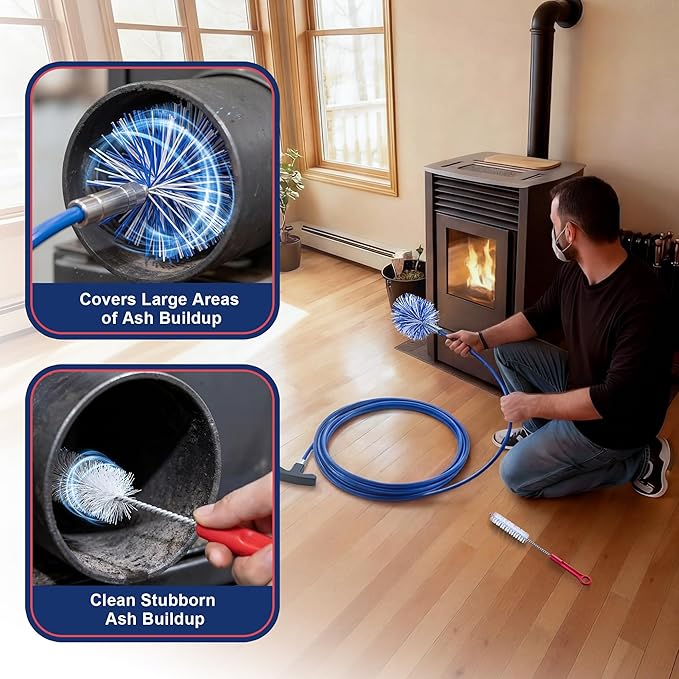 Dreyoo Pellet Stove Cleaning Brush Kit, 10 FT Flexible Steel Rod with 3" Brush Head, T Handle, Multi Purpose Flue Detail Cleaner, Nylon Stove Flue Pipe Kit for Pellet Furnace Exhaust Pipes