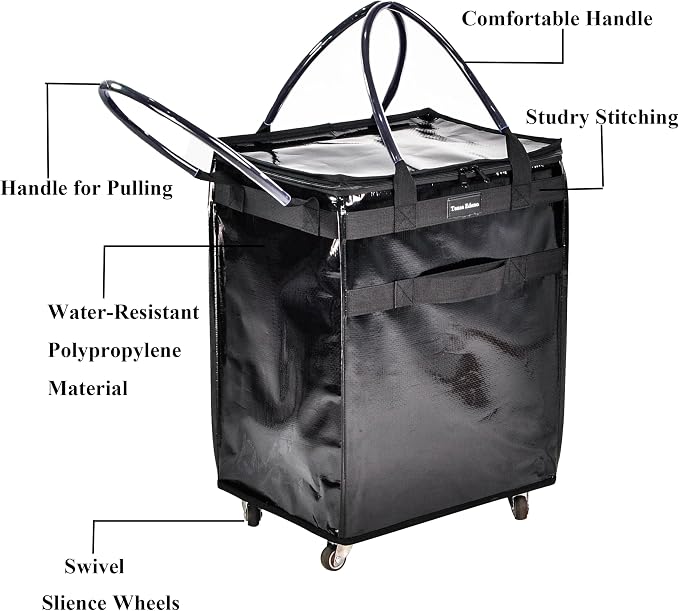 Reusable Grocery Bag On Wheels Large Capacity Shopping Trolley Foldable Rolling Tote Bag with Heavy Duty Handle for Travel (Black, Large)