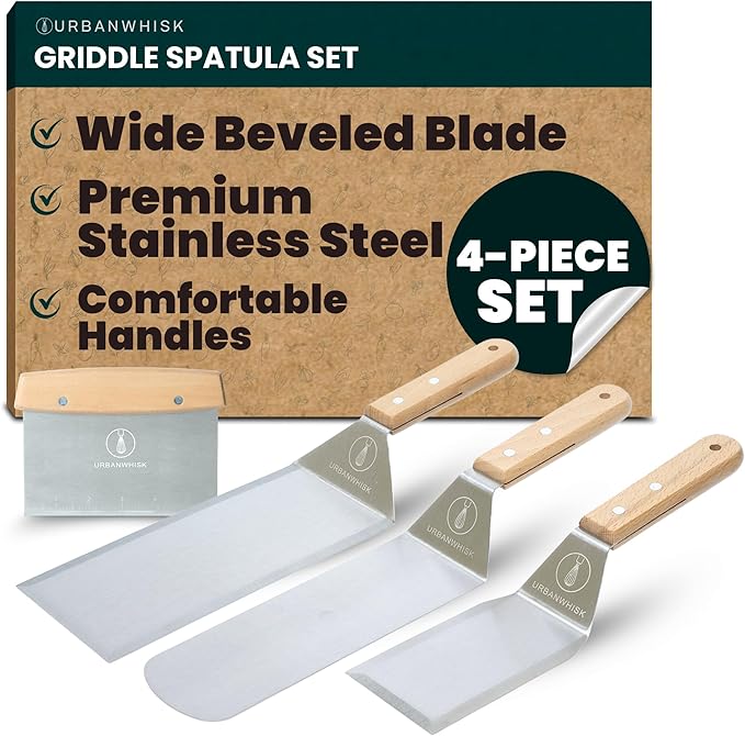 Griddle Spatula Set of 4 – Heavy Duty Stainless Steel Grill Spatula - Smash Burger Turner with Heat-Resistant Wooden Handle, Wide Beveled Edge Metal Spatulas for Flat Top, Cast Iron & BBQ