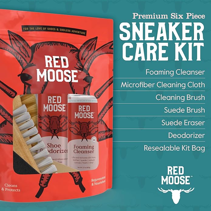 RED MOOSE Shoe & Sneaker Cleaner Kit – Leather, Suede, Nubuck, Canvas & White Shoes with Brush, Foam & Cloth, Made in USA