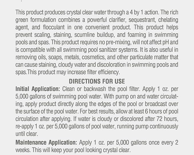 Pool Mate 1-Quart Concentrated 4-In-1 Water Treatment, Pool Clarifier, Made in USA
