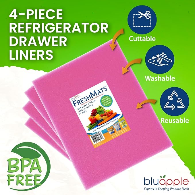 Bluapple FreshMats, Refrigerator Bin Liner, Fridge Drawer Mats, Crisper Life Extender Liner Keeps Produce Fresh Longer, Anti-Bruising, Helps Air Circulation, Washable & Reusable (4-Mats, 12x15, Pink)