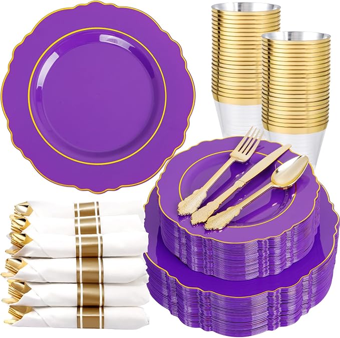 Liacere 350PCS Purple Plastic Plates-Disposable Purple and Gold Plates 50 guest Baroque Plastic Dinnerware include 100Plates,50Pack Pre Rolled Napkins with Silverware 50Cups for Wedding & Party