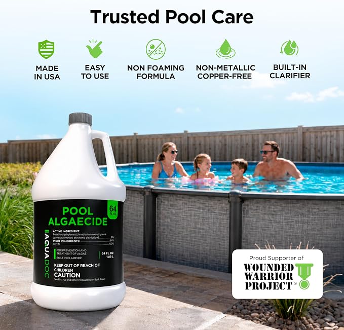 AquaDoc Liquid Algaecide for Swimming Pools - 64 oz - Treats Up to 5,000 Gallons - Non-Foaming, Copper-Free Formula for Pool Algae Control with Built-in Clarifier - Made in USA
