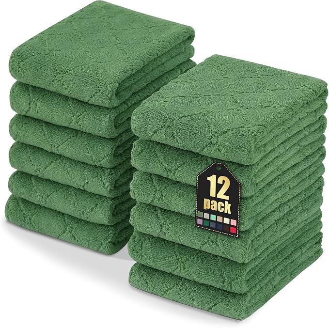 Homaxy 12 Pack Dish Towels for Kitchen (10 x 20 Inches, Grass Green), Super Soft and Absorbent Coral Velvet Dish Cloths for Washing Dishes, Nonstick Oil Fast Drying Microfiber Cleaning Cloth