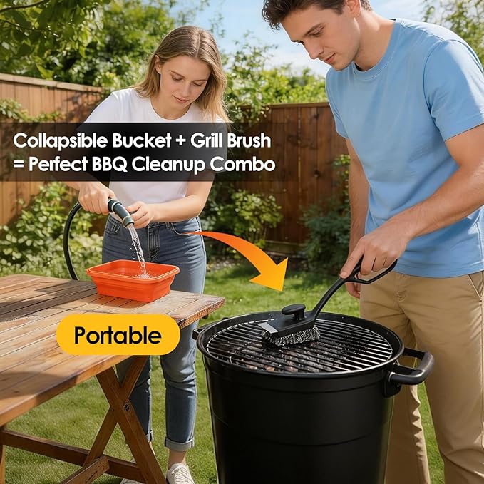 Grill Brush with 3 Detachable Brush Heads & Collapsible Water Cup – Bristle-Free BBQ Cleaner with Scraper, Safe for Cast Iron/Stainless Steel/Non-Stick Grates, 2 Extra Replacement Brushes Included