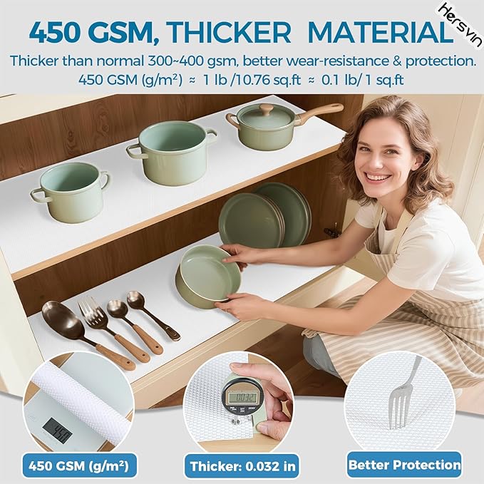 Hersvin Shelf Liners 20 in x 20 ft EVA Drawer Mats, Non-Adhesive Cupboard Pad, Kitchen Cabinet Lining Fridge Cushion (White Dot, 50.8cmx610cm)
