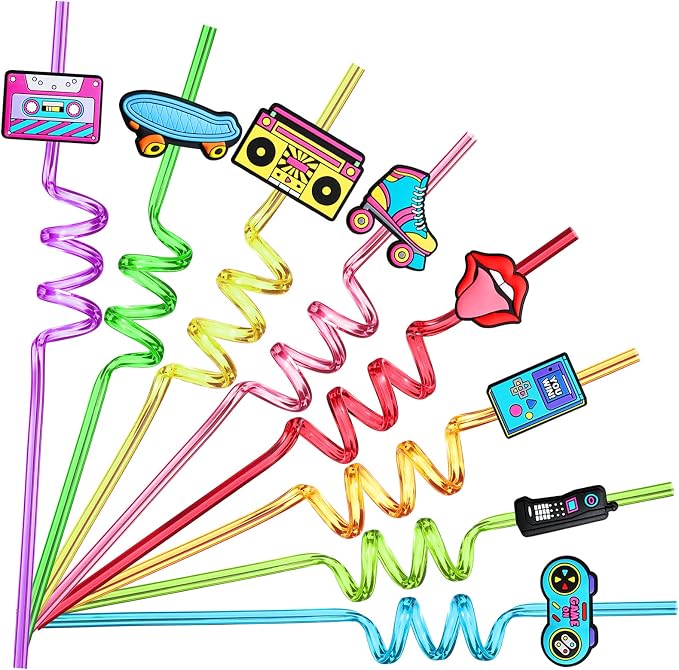 24 90s Party Favors 1990's Retro Element Straws for Back to The 90s Party Decorations Supplies with 2 PCS Straws Cleaning Brush