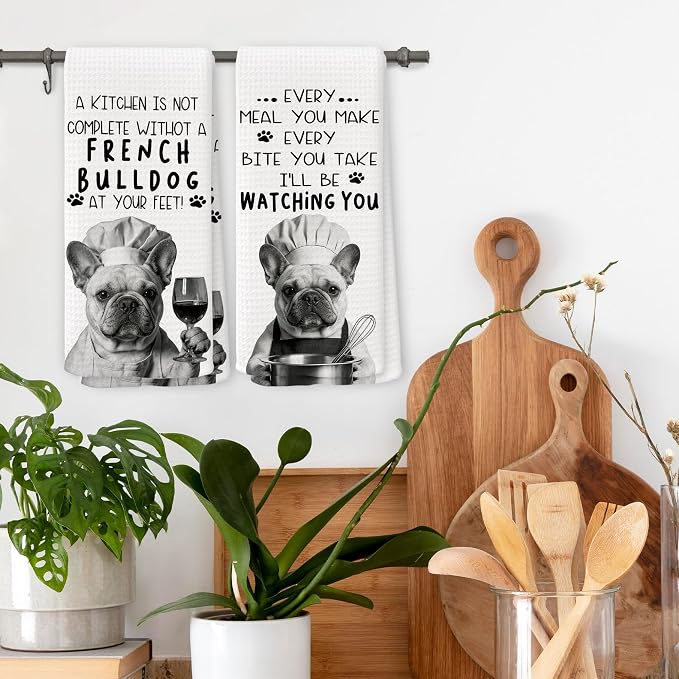 Funny French Bulldog Dog Kitchen Towels 16x24 Inch Set of 2 | French Bulldog Lovers Gifts for Women Men Dish Tea Towels for Kitchen, Dog Lover Mom Dad Owner Gifts Decorative Hand Towel