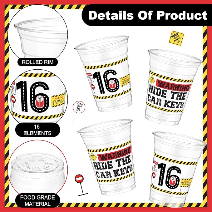 Jingmore 50 Pcs Birthday Plastic Cups 12 oz Birthday Disposable Plastic Cups Thick Clear Drinkware for Men Women Celebrate Party Supplies(16th)