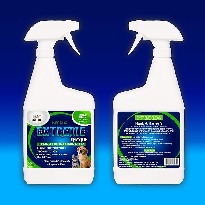 EXTREME ENZYME Stain & Odor Eliminator with Urine Remover. Triple action 2X bio-enzymatic cleaners and plant based surfactants cleans dog and cat waste and pee forever. FRAGRANCE FREE, safe for pets