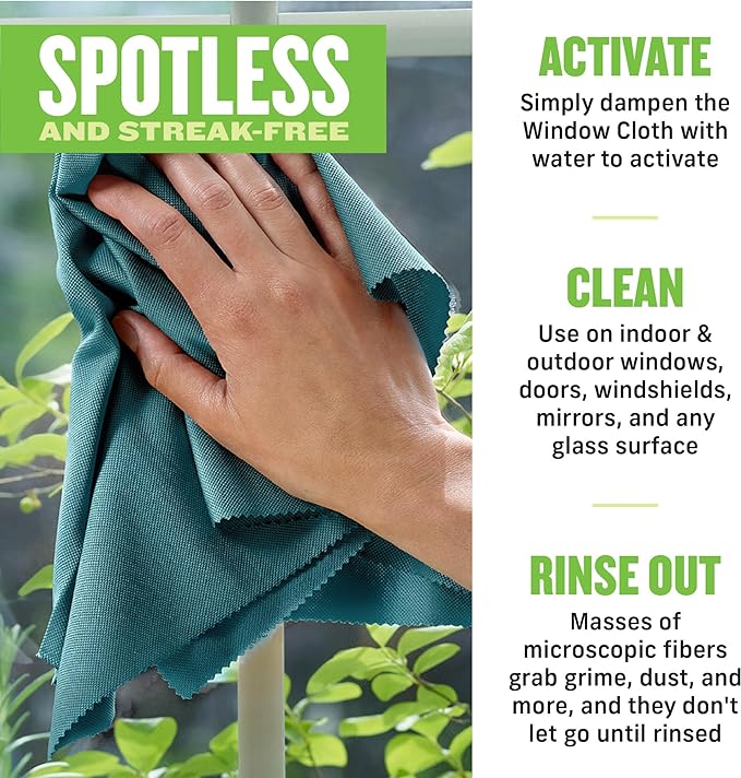 E-Cloth Microfiber Window Cleaning Cloth Kit - Glass Cleaning Cloth for Windows, Mirrors, Cars, Lenses, Eyeglasses, & More, Streak Free Clean, Machine Washable Reusable Towel - Green