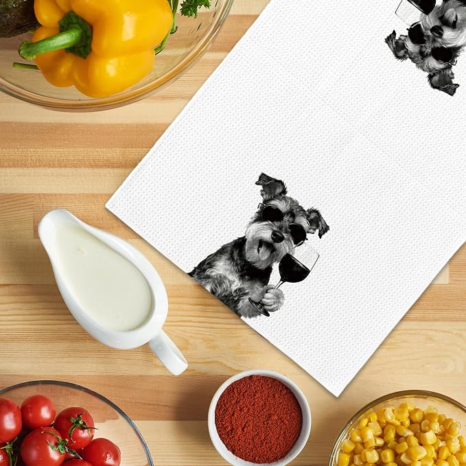 Funny Schnauzer Wine Kitchen Towels, Gifts for Dog Wine Lovers, Bar Accessories Dish Tea Towels for Kitchen, Dog Owners Housewarming Gift Decorative Hand Towel 16x24 Inch