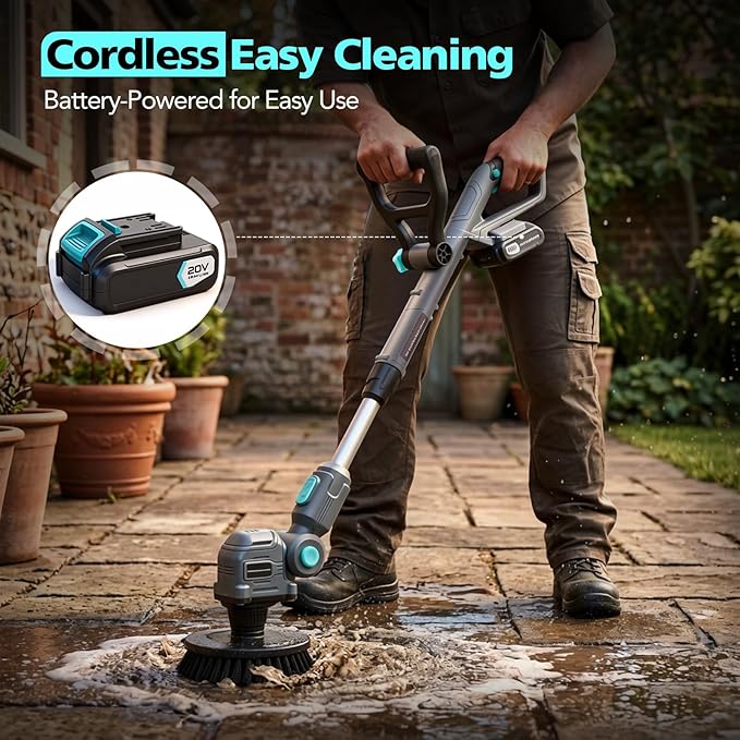 20V Cordless Electric Spin Scrubber with Replaceable Battery & Long Handle - Includes 8 Replaceable Brush Heads for Bathroom, Tile, Grout, Shower, Bathtub, Kitchen, Car & Outdoor Cleaning