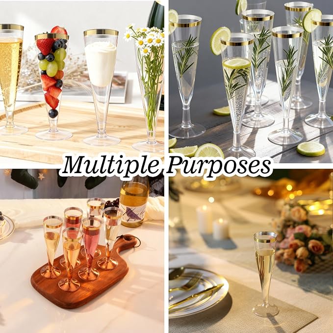 Bestluck 100 Pack Champagne Flutes Plastic with Gold Rim, 4.5 oz Clear Plastic Disposable Stemware, Disposable Champagne Flutes for Party, Mimosa Bar, Wedding, Anniversary and Graduation