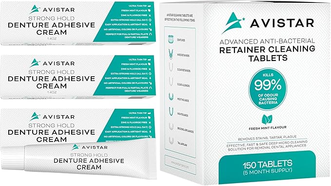Avistar Extra Strong Denture Adhesive Cream (3 Pack, 4.2 Fl Oz) and Retainer Cleaning Tablets (150 Mint Flavor, 5 Months Supply)