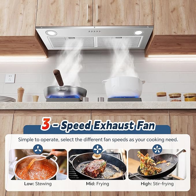 Range Hood Insert 30 Inch Stainless Steel Built-in Kitchen Hood with 600CFM, Ductless/Ducted Range Hood, Push Button Control, 3-Speed Fan, 2 Pcs Aluminum Filters