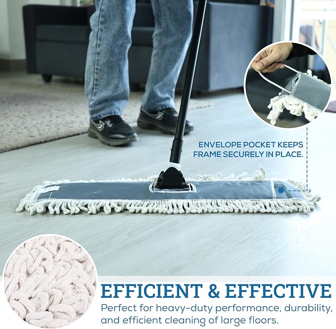 Kleen Handler 24" Commercial Dust Mop Replacement Heads, 3 Pack Industrial Loop End Flat Dust Mop Pads, Washable Cotton Mop Refill for Floor Cleaning, Natural