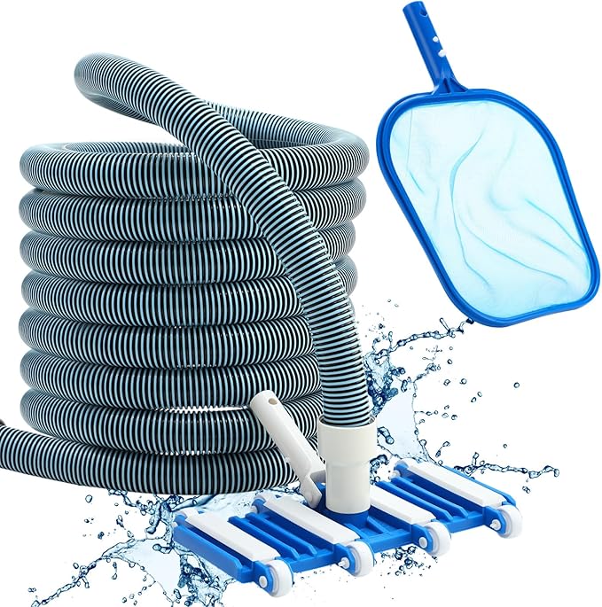 3 Pcs Pool Vacuum Kit Manual Vacuum Head with 1-1/2" x 18ft Long Hoses and Skimmer Net Flexible Head Wheels, Maintenance Accessory Tool for Above Ground Inground Pool Cleaning