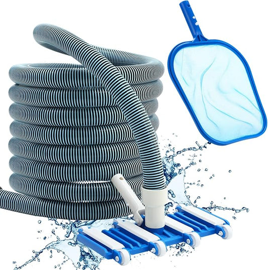3 Pcs Pool Vacuum Kit Manual Vacuum Head with 1-1/2" x 18ft Long Hoses and Skimmer Net Flexible Head Wheels, Maintenance Accessory Tool for Above Ground Inground Pool Cleaning