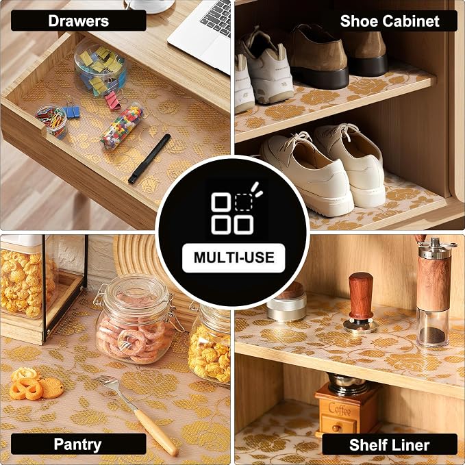 INNOLITES Shelf Liner for Cabinets, Non-Adhesive for Kitchen Drawer Liner, Waterproof Shelf Paper with Floral Pattern, Durable Easy to Clean (Golden Rose, 17.5" x 197")
