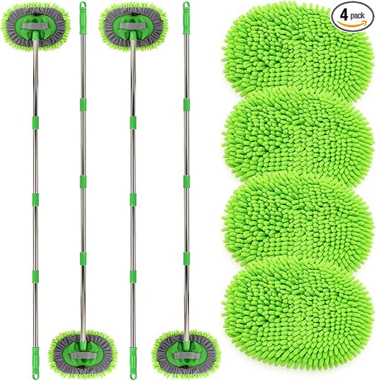 4 Pack 360° Spin Mop with 4 Microfiber Mop Refills, Extendable 63" Stainless Steel Handle for Easy Floor, Ceiling, Wall & Window Cleaning, Household Mops(Green)
