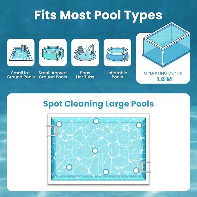 Pool Vacuum for Above Ground Pool & Hot Tub Vacuum, Cordless Pool Cleaner with 60 Mins Running Time, Rechargeable Stick Lightweight Spa Vac, Ideal for Fast Sand & Debris Removal in All Pool Types