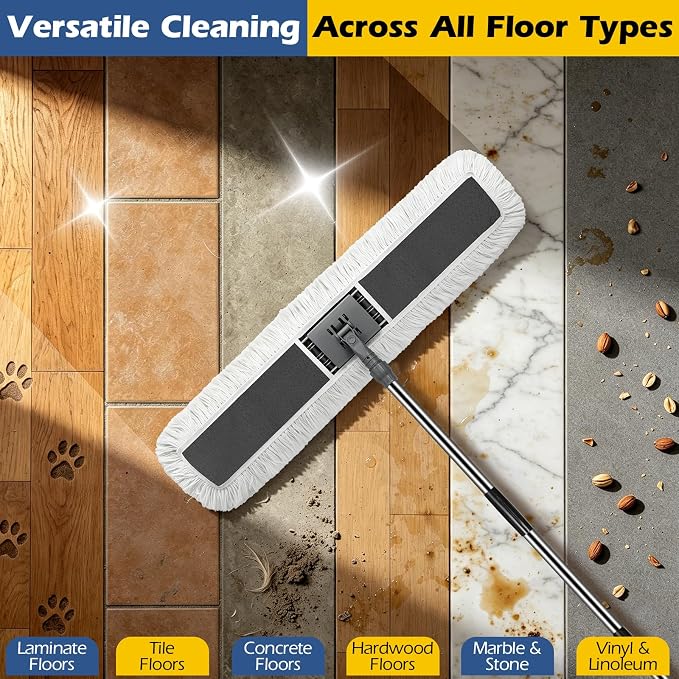 MASTERTOP 40" Commercial Dust Mop for Floor Cleaning, Heavy Duty Flat Mop | Industrial 64" Long Handle Push Broom with 2 Cotton Pads for Hardwood, Tile, Laminate, Concrete, Warehouse & Gym Cleaning