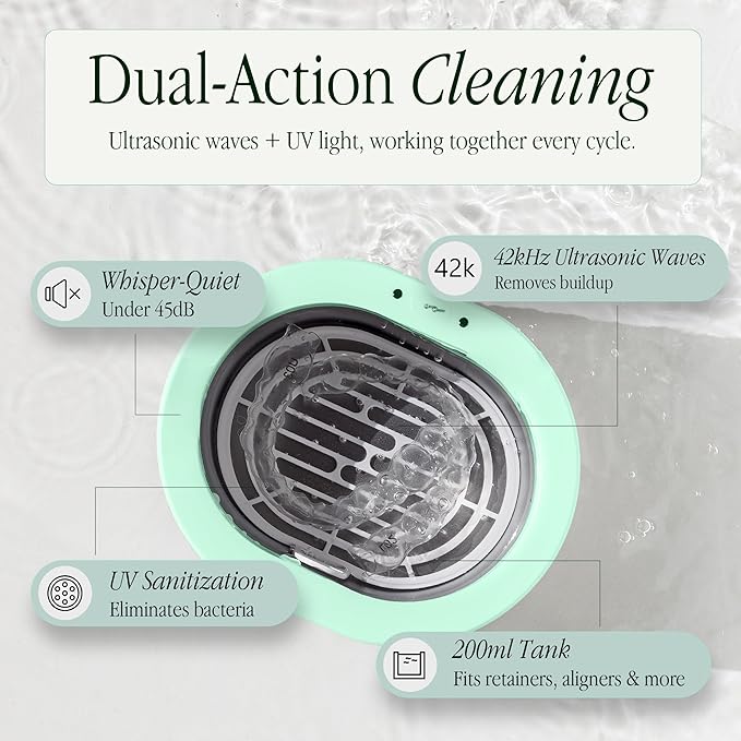 Premium 42000 Hz Ultrasonic Cleaner 200 ml with Sanitizer for Clear Aligners, Retainers, Mouthguards, Dentures, & Night Guards – Deep Cleaning Dental Appliance Cleaner - White