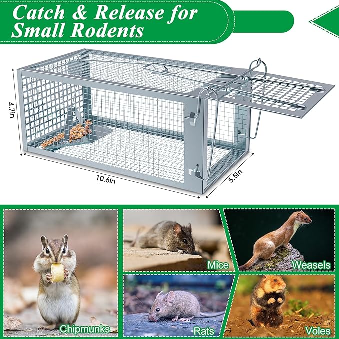 2 Packs Humane Rat Trap Outdoor, Wanqueen Humane Mouse Traps Indoor for Home, Small Rodent Chipmunk Trap and Other Live Animal Cage Catch and Release
