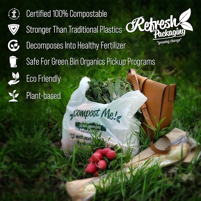 Compost Bags - 100% Certified Kitchen Garbage Bag for Shopping & Grocery - Green Bin Bags with Handles - Kitchen Bags - Plastic Free Food Waste Bag - 600 Bags Per Case