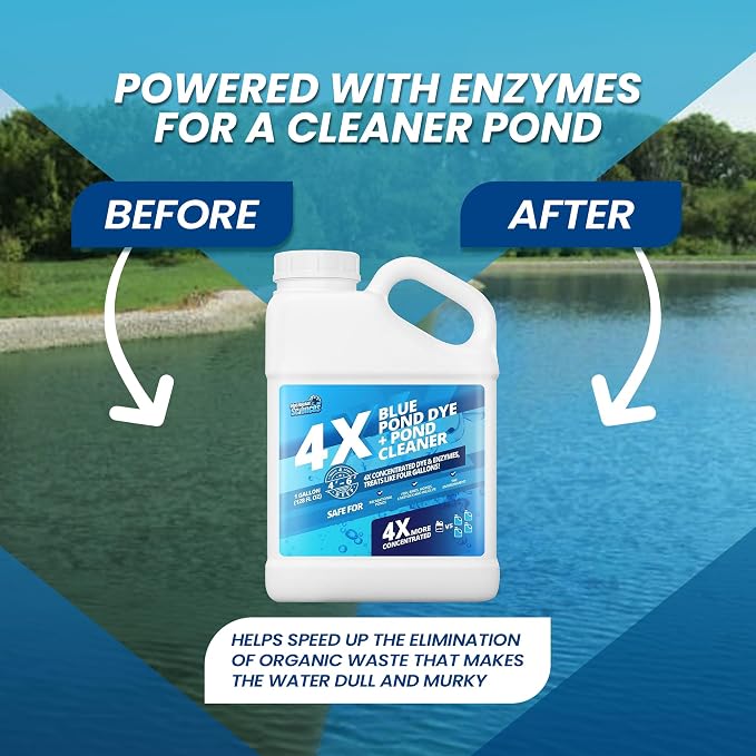 1 Gallon 4X Blue Pond Dye + Pond Cleaner, Blue Dye for Ponds and Lakes, 2-in-1 Lake Colorant + Enzymes, Makes Murky Water Clean & Beautiful, Keeps the Water Cool, Clear, and Ideal for Fish & Wildlife