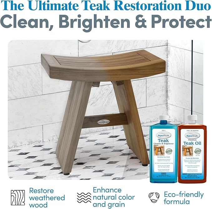 AquaTeak Care Kit - Premium Teak Oil, Teak Wood Cleaner & Brightener, 16 oz Each - Cleans & Restores Outdoor & Indoor Furniture, Shower Stool & Decks - Removes Wood Stain & Maintains Natural Finish
