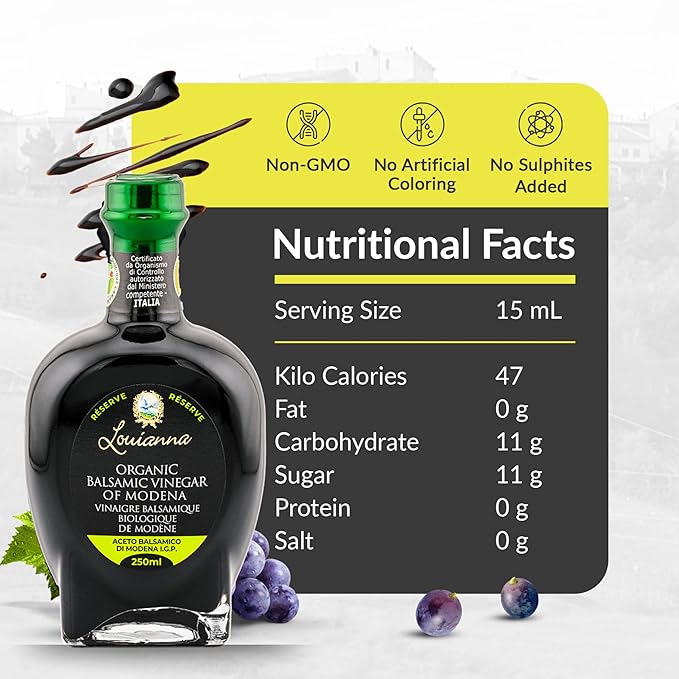 Louianna - Organic Balsamic Vinegar of Modena, High Polyphenol Aged Balsamic Vinegar, Aromatic Vinegar Made of Trebbiano Grapes, With Igp Recognition, 250 mL
