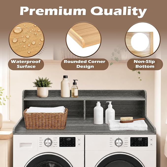 Royxen Laundry Countertop with 2-Tier Shelf Universal Fit, Washer and Dryer Countertop with Storage Space, Shelf Height 11.5 Inches, Solid Wood Core, Eucalyptus
