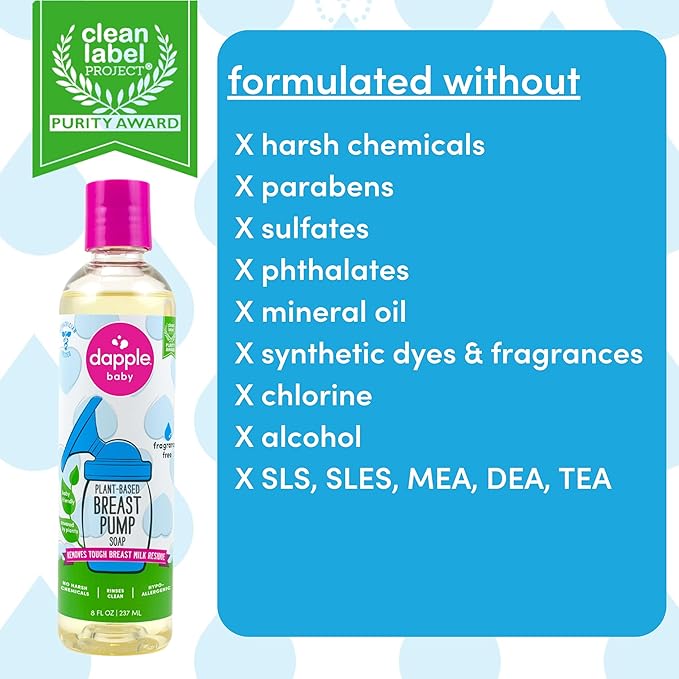 Dapple Breast Pump Soap, Fragrance Free, Plant Powered, Hypoallergenic, Easy Rinse Formula, Removes Milk Residue, 8 fl oz, 3 Count