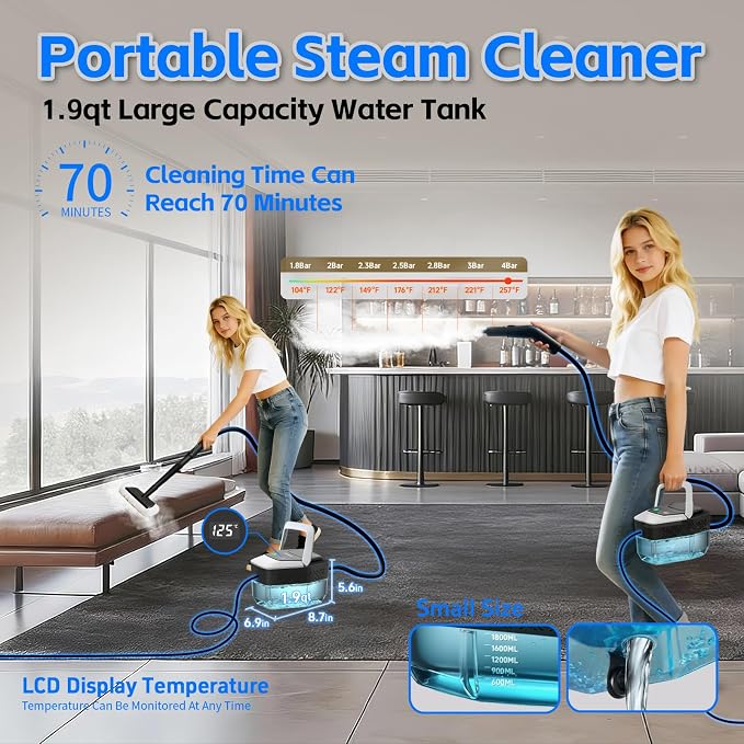 Steam Cleaner for Home(True High Temperature257℉),3-Levels Adjustable Handle Steamer for Cleaning,1.9 Quart Steam Cleaner for Car,2500W Handheld Steam Cleaner,Clean Grease,Dirt,Tile Furniture