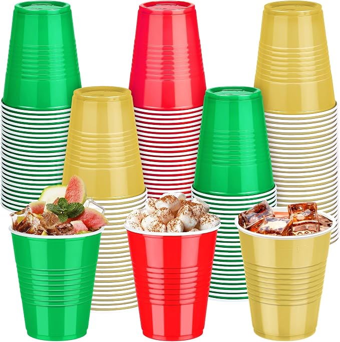 Kochorie 100 Pack Christmas Disposable Plastic Cups 12 Ounce Drinking Party Cups Bulk Party Cups for Christmas Wedding Birthday Graduation Parties, Picnics Events (Red, Green, Gold)