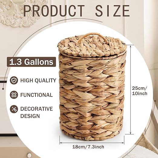 Ctosree 1.3 Gallons Small Trash Can with Lid Handle Boho Woven Braided Bathroom Waste Basket Trash Can with 100 Garbage Bags for Bedroom Office Laundry (Natural, Braided Wicker, Round)