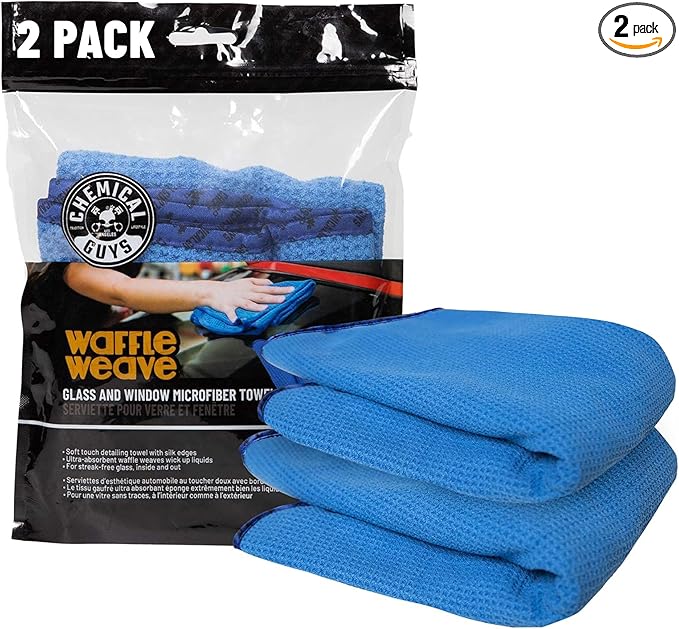 Chemical Guys Waffle Weave Glass and Window Microfiber Towel Blue 2 Pack (24" x 16") - Streak-Free Towel for Glass, Mirrors, and Windows (MIC70802)