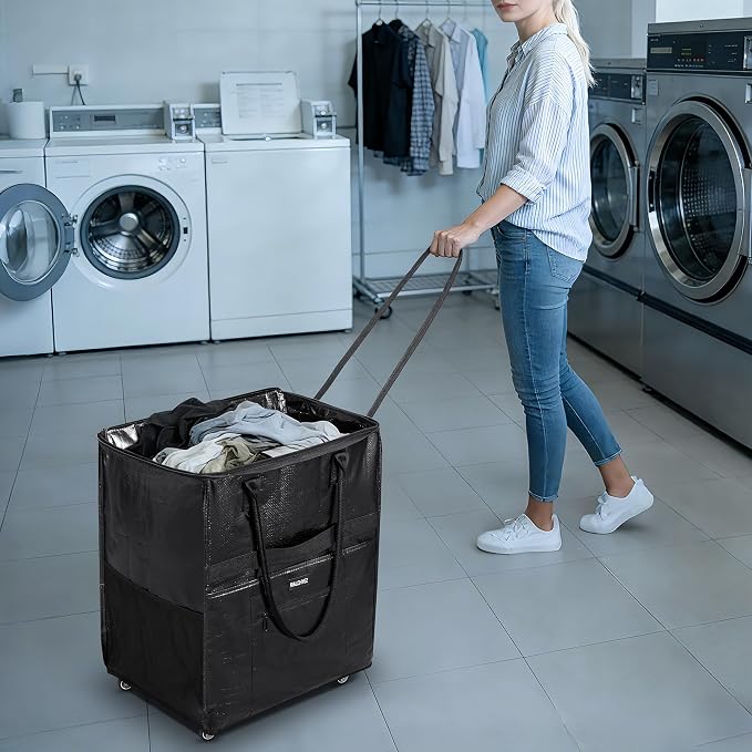 RalChyez Reusable Grocery Bags on Wheels, 67L Rolling Tote Grocery Bag with Handle and Zipper Cover Foldable Shopping Cart Trolley Laundry Basket Bag Rose Gold Medium