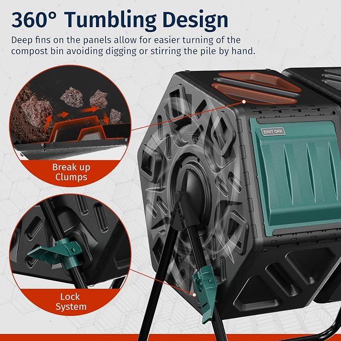 East Oak Dual Chamber Outdoor Compost Tumbler, 2×18.5 Gallon Compost Bin, Rotating Composter with Aeration & Locking System for Garden, Kitchen & Yard